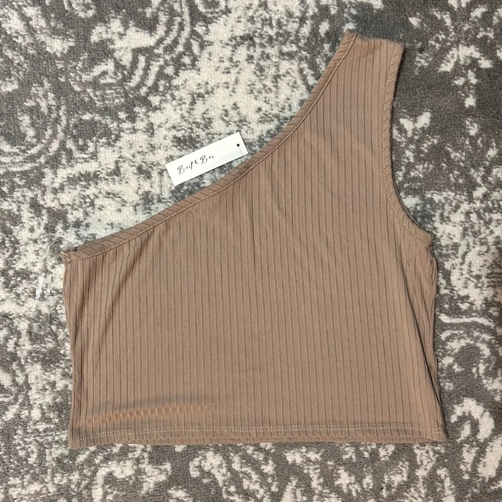 Brit & Bri One Shoulder Ribbed Tank Top Size Large Tan